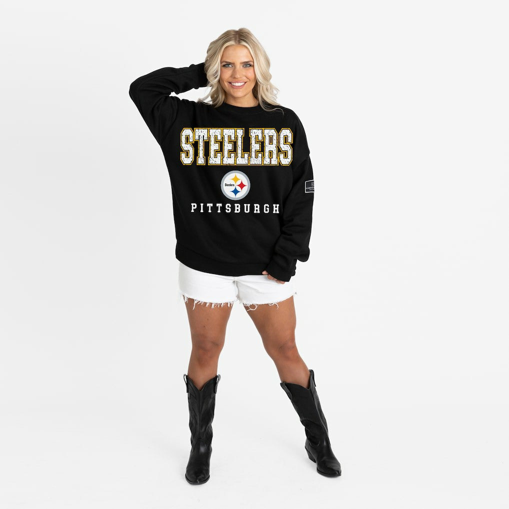Pittsburgh Steelers Gameday Couture Women's Oversized Level Up Black Label Premium Fleece Sweatshirt Black | NFL