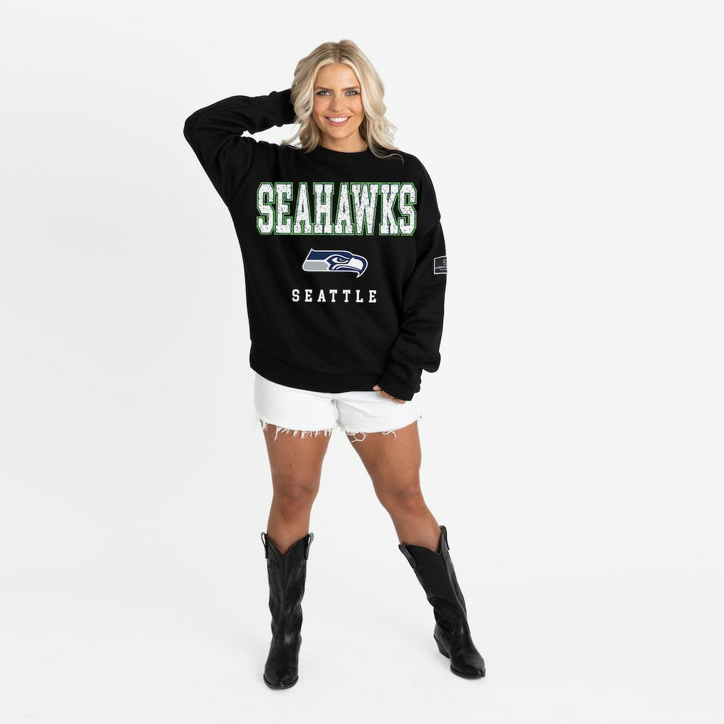 Seattle Seahawks Gameday Couture Women's Oversized Level Up Black Label Premium Fleece Sweatshirt Black | NFL