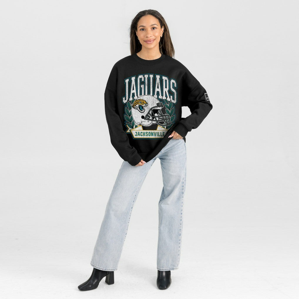Jacksonville Jaguars Gameday Couture Women's Oversized Victory Lane Black Label Premium Fleece Sweatshirt Black | NFL