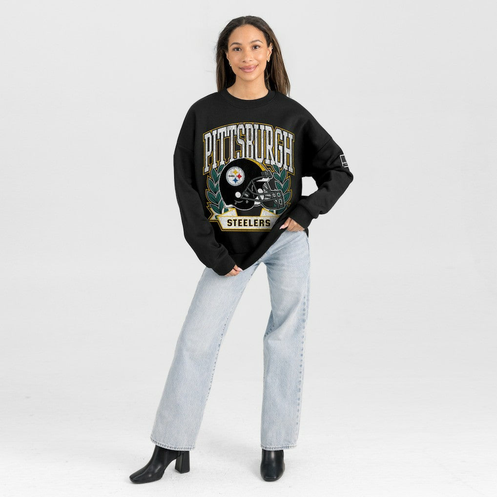 Pittsburgh Steelers Gameday Couture Women's Oversized Victory Lane Black Label Premium Fleece Sweatshirt Black | NFL