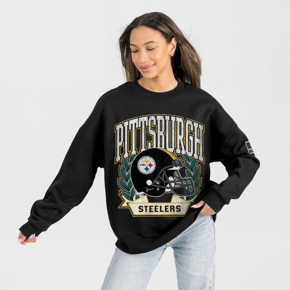 Pittsburgh Steelers Gameday Couture Women's Oversized Victory Lane Black Label Premium Fleece Sweatshirt Black | NFL