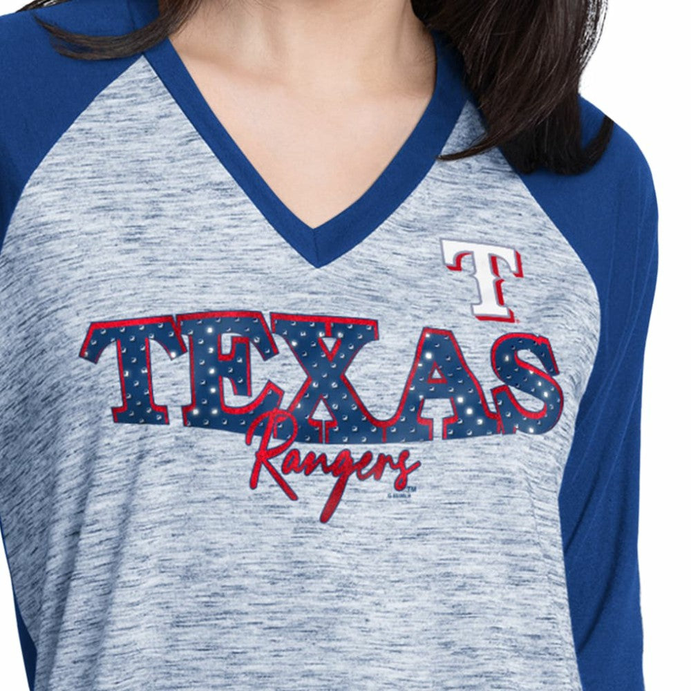 Texas Rangers G-III 4Her by Carl Banks Women's Speed Training 3/4-Sleeve Rhinestone V-Neck T-Shirt - MLB