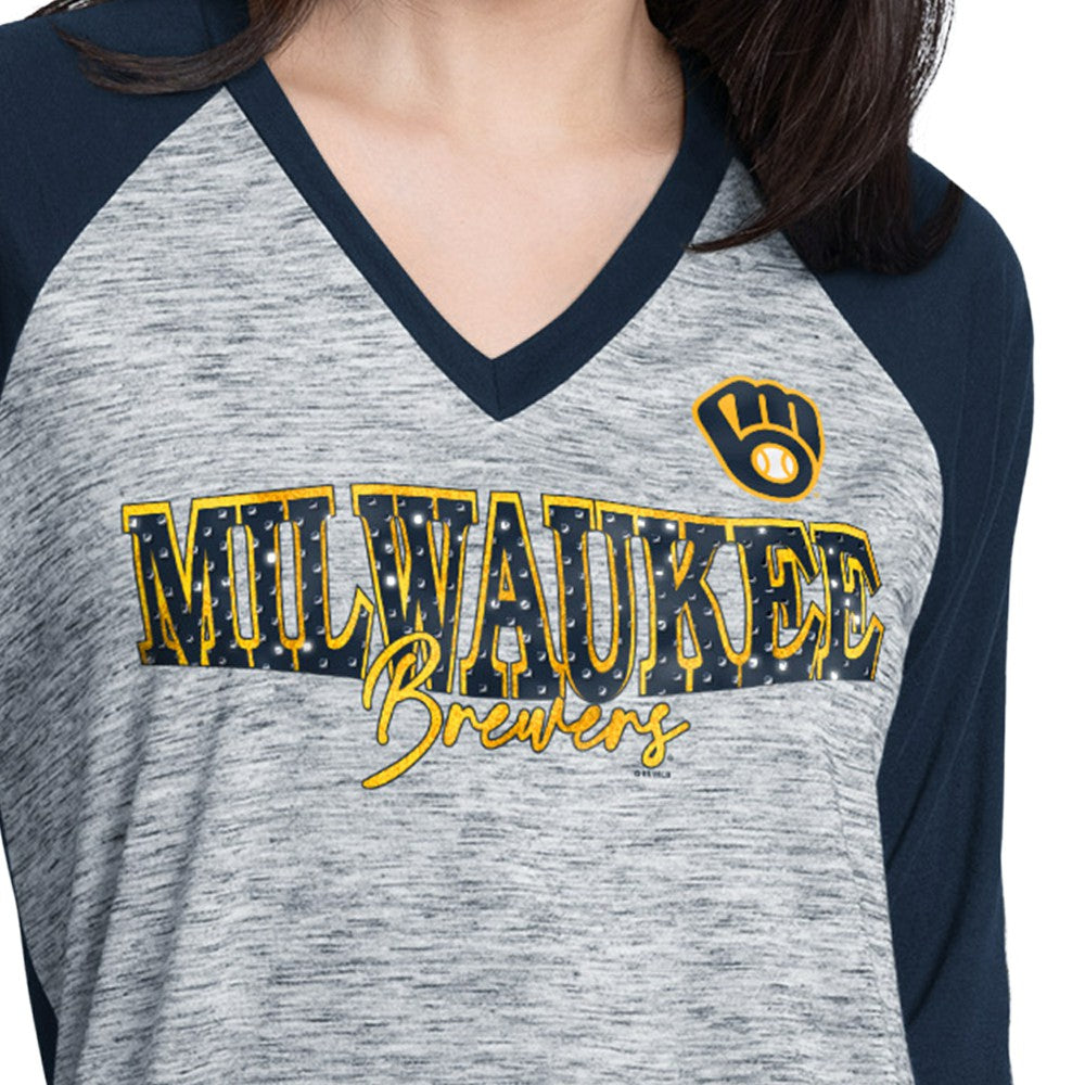 Milwaukee Brewers G-III 4Her by Carl Banks Women's Speed Training 3/4-Sleeve Rhinestone V-Neck T-Shirt - MLB