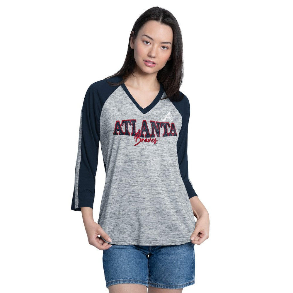 Atlanta Braves G-III 4Her by Carl Banks Women's Speed Training 3/4-Sleeve Rhinestone V-Neck T-Shirt - MLB