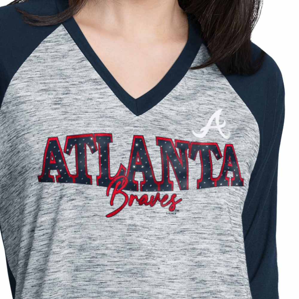 Atlanta Braves G-III 4Her by Carl Banks Women's Speed Training 3/4-Sleeve Rhinestone V-Neck T-Shirt - MLB