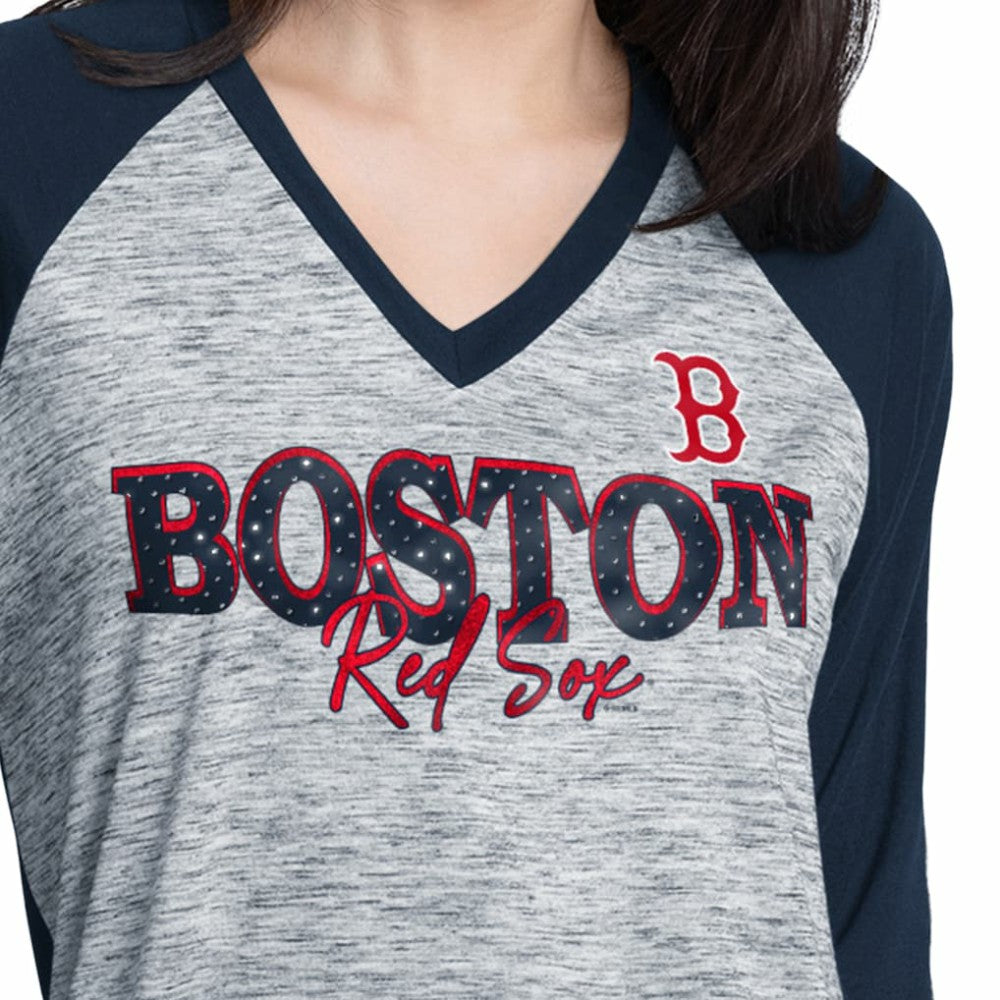 Boston Red Sox G-III 4Her by Carl Banks Women's Speed Training 3/4-Sleeve Rhinestone V-Neck T-Shirt - MLB