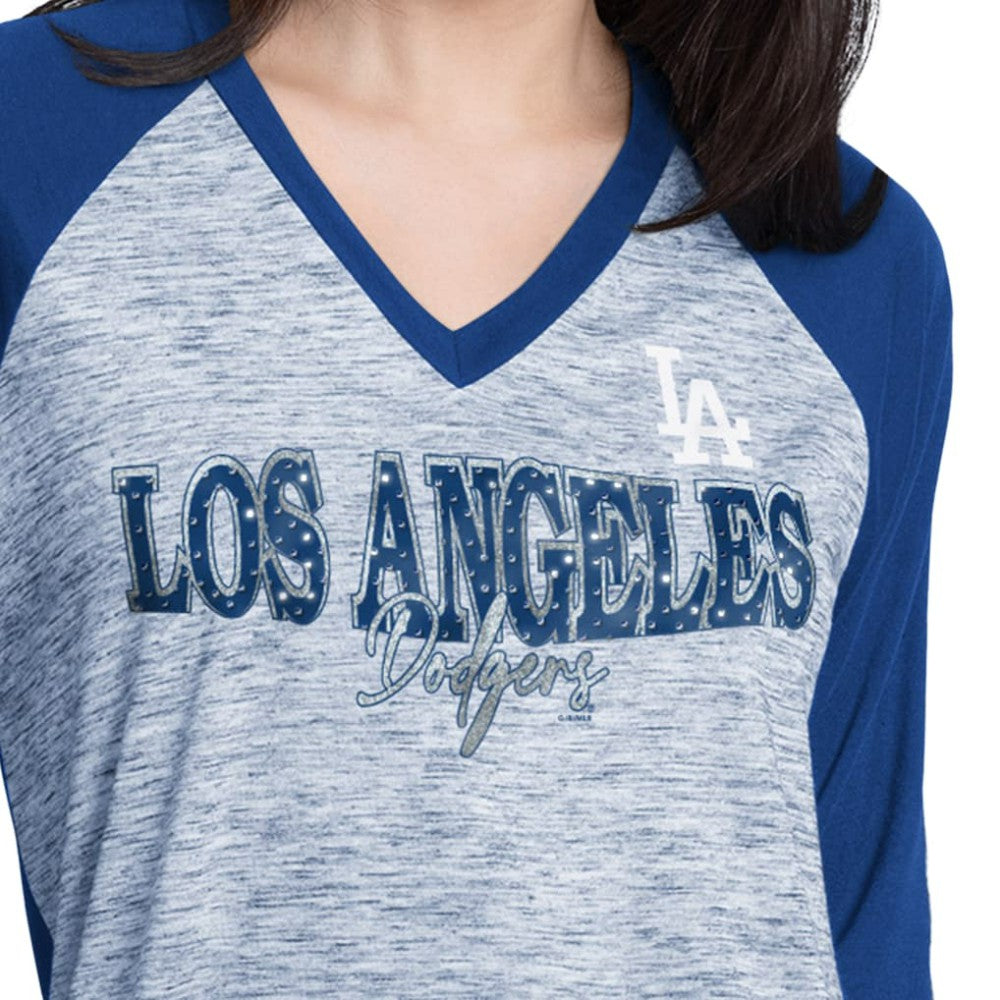 Los Angeles Dodgers G-III 4Her by Carl Banks Women's Speed Training 3/4-Sleeve Rhinestone V-Neck T-Shirt - MLB
