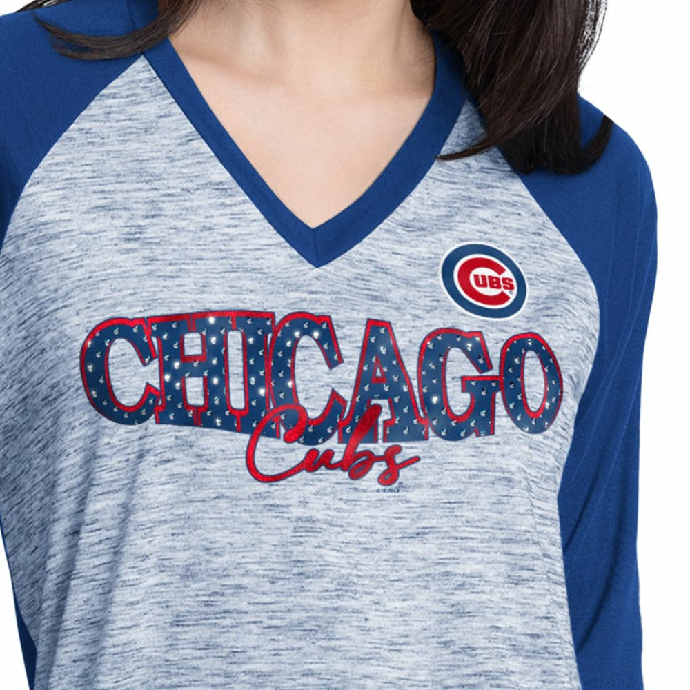 Chicago Cubs G-III 4Her by Carl Banks Women's Speed Training 3/4-Sleeve Rhinestone V-Neck T-Shirt - MLB