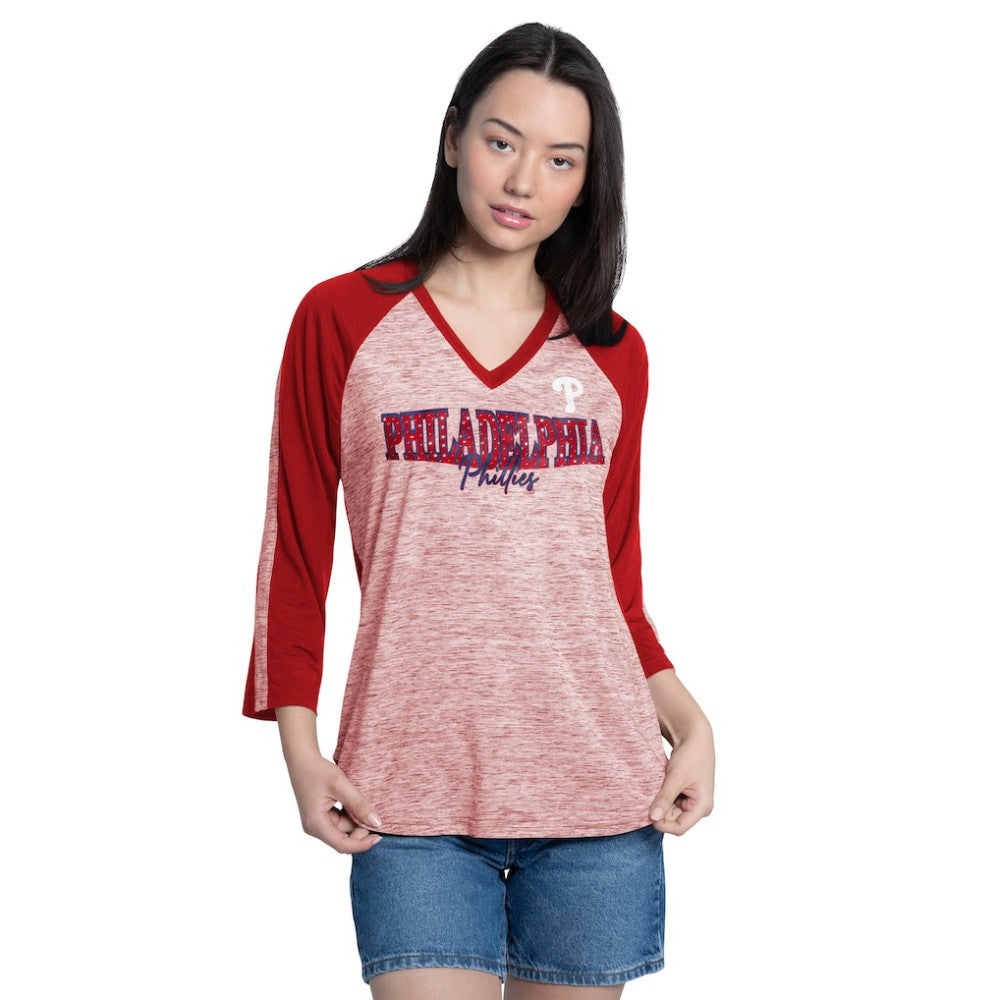 Philadelphia Phillies G-III 4Her by Carl Banks Women's Speed Training 3/4-Sleeve Rhinestone V-Neck T-Shirt - MLB