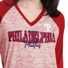 Philadelphia Phillies G-III 4Her by Carl Banks Women's Speed Training 3/4-Sleeve Rhinestone V-Neck T-Shirt - MLB