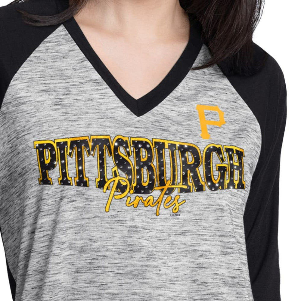 Pittsburgh Pirates G-III 4Her by Carl Banks Women's Speed Training 3/4-Sleeve Rhinestone V-Neck T-Shirt - MLB