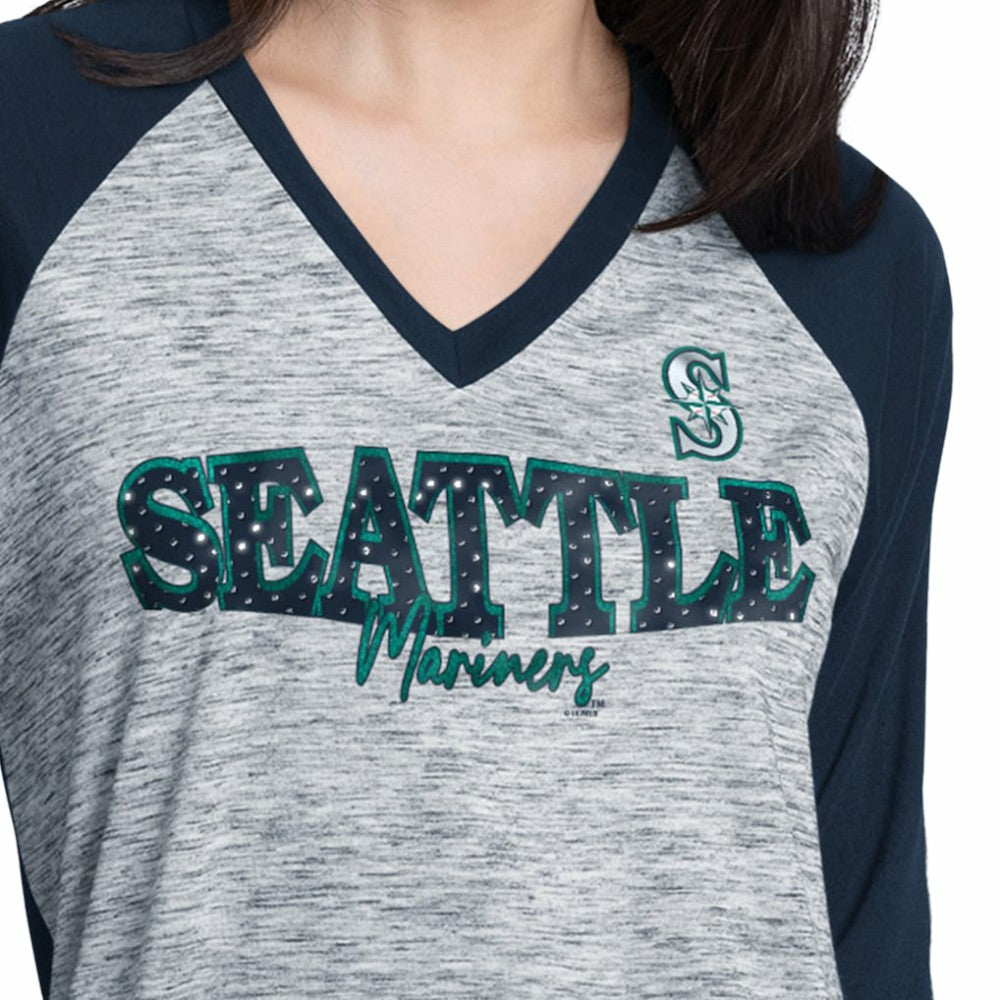 Seattle Mariners G-III 4Her by Carl Banks Women's Speed Training 3/4-Sleeve Rhinestone V-Neck T-Shirt - MLB