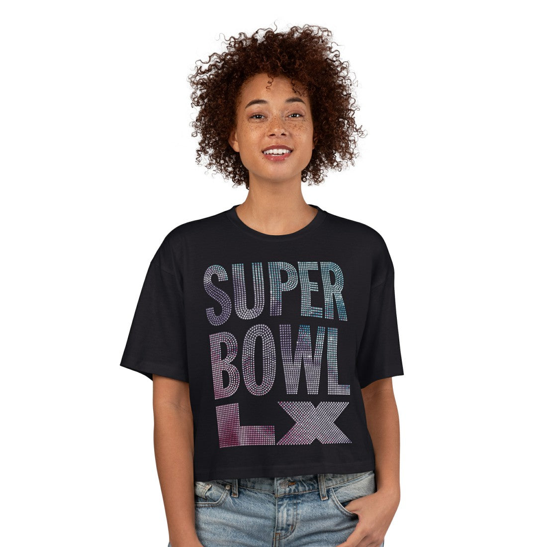 Super Bowl LX G-III 4Her by Carl Banks Women's Play Ball Oversized Rhinestone Cropped T-Shirt Black | NFL