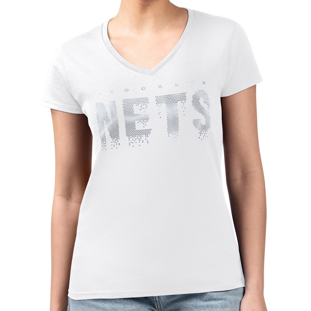 Brooklyn Nets G-III 4Her by Carl Banks Women's Super-Slim-Fit Metallic Drop Lightweight V-Neck T-Shirt White - NBA