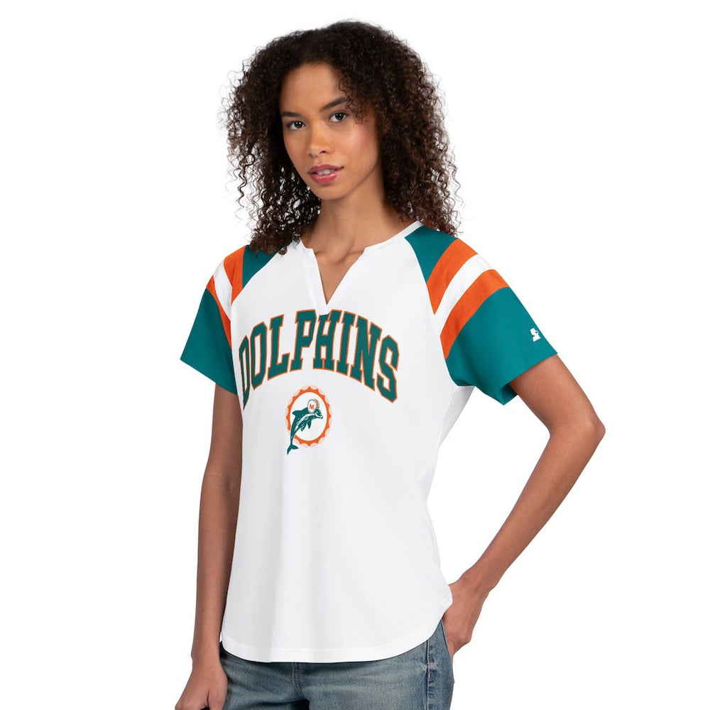 Miami Dolphins Starter Women's Game On Notch Neck T-Shirt White | NFL