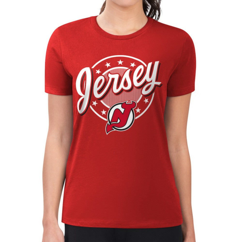 New Jersey Devils G-III 4Her by Carl Banks Women's Super-Slim Lightweight Pinstripe Circle Graphic T-Shirt - Red - NHL