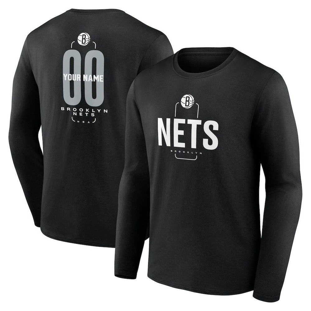 Brooklyn Nets Center Court Name & Number Custom Long Sleeve T-Shirt Black - NBA