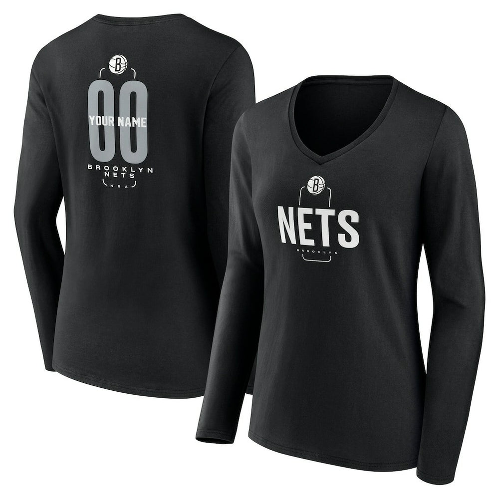 Brooklyn Nets Women's Center Court Name & Number Custom Long Sleeve V-Neck T-Shirt Black - NBA
