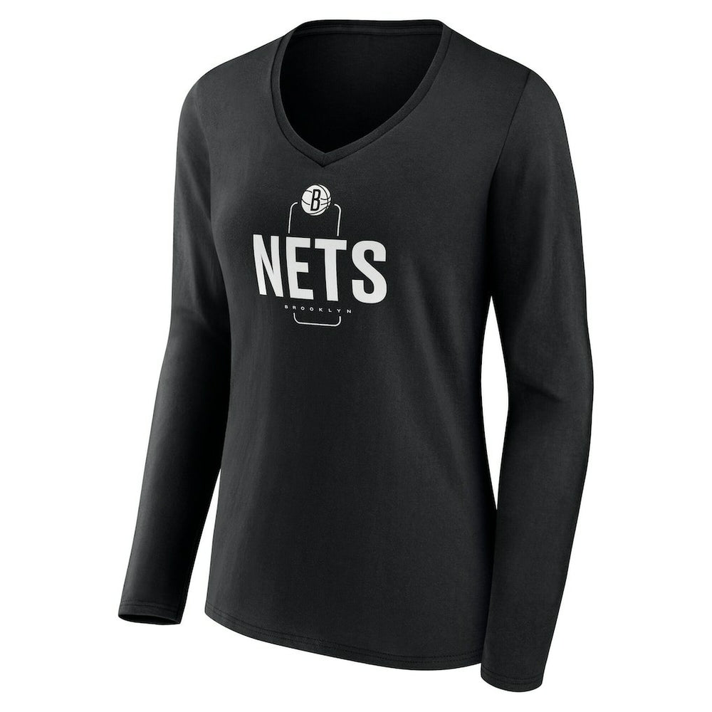 Brooklyn Nets Women's Center Court Name & Number Custom Long Sleeve V-Neck T-Shirt Black - NBA