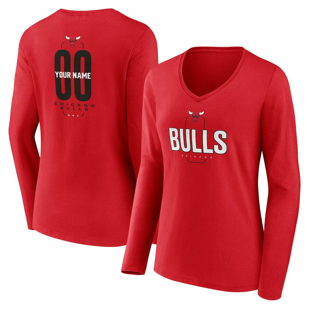 Chicago Bulls Women's Center Court Name & Number Custom Long Sleeve V-Neck T-Shirt Red - NBA