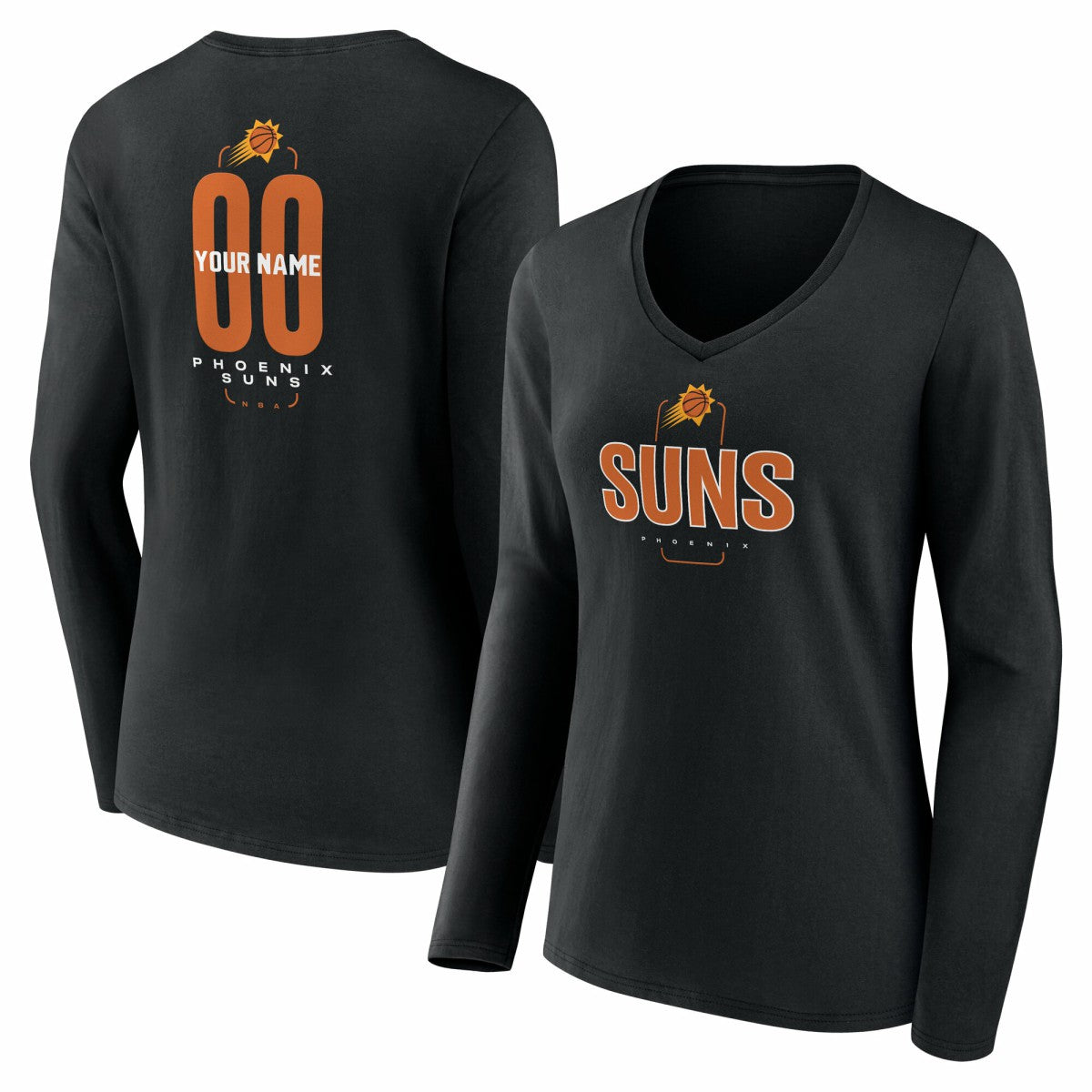 Phoenix Suns Women's Center Court Name & Number Custom Long Sleeve V-Neck T-Shirt Black - NBA