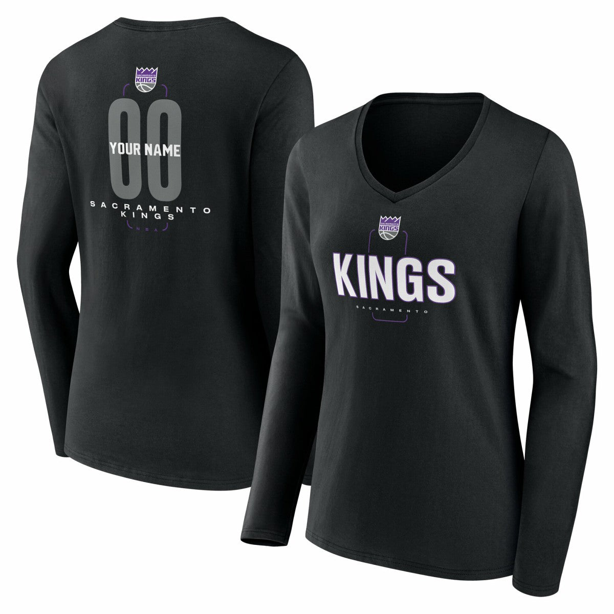 Sacramento Kings Women's Center Court Name & Number Custom Long Sleeve V-Neck T-Shirt Black - NBA