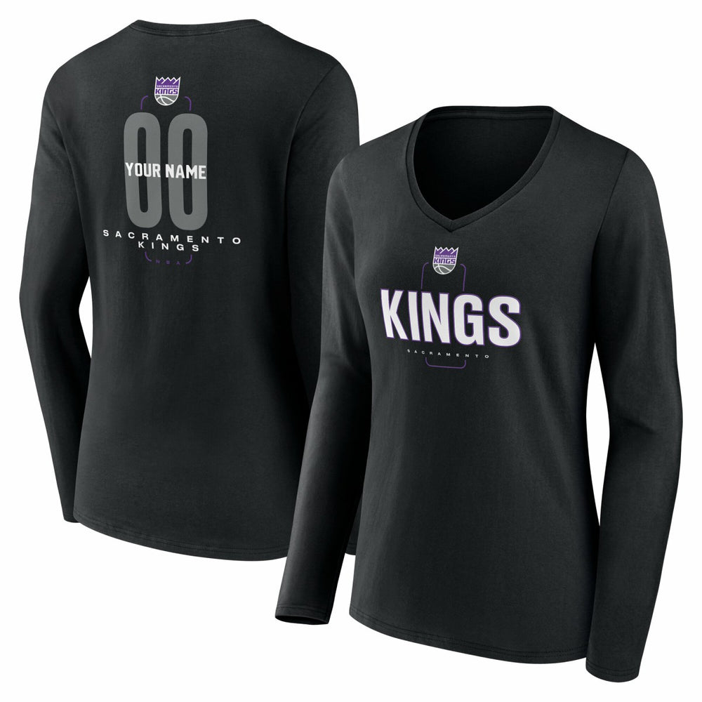 Sacramento Kings Women's Center Court Name & Number Custom Long Sleeve V-Neck T-Shirt Black - NBA