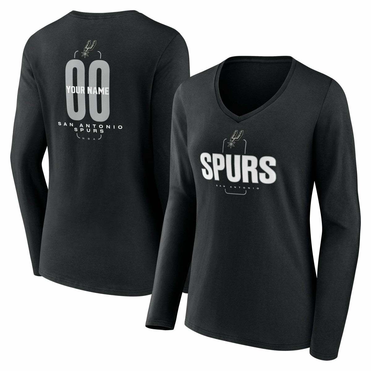 San Antonio Spurs Women's Center Court Name & Number Custom Long Sleeve V-Neck T-Shirt Black - NBA