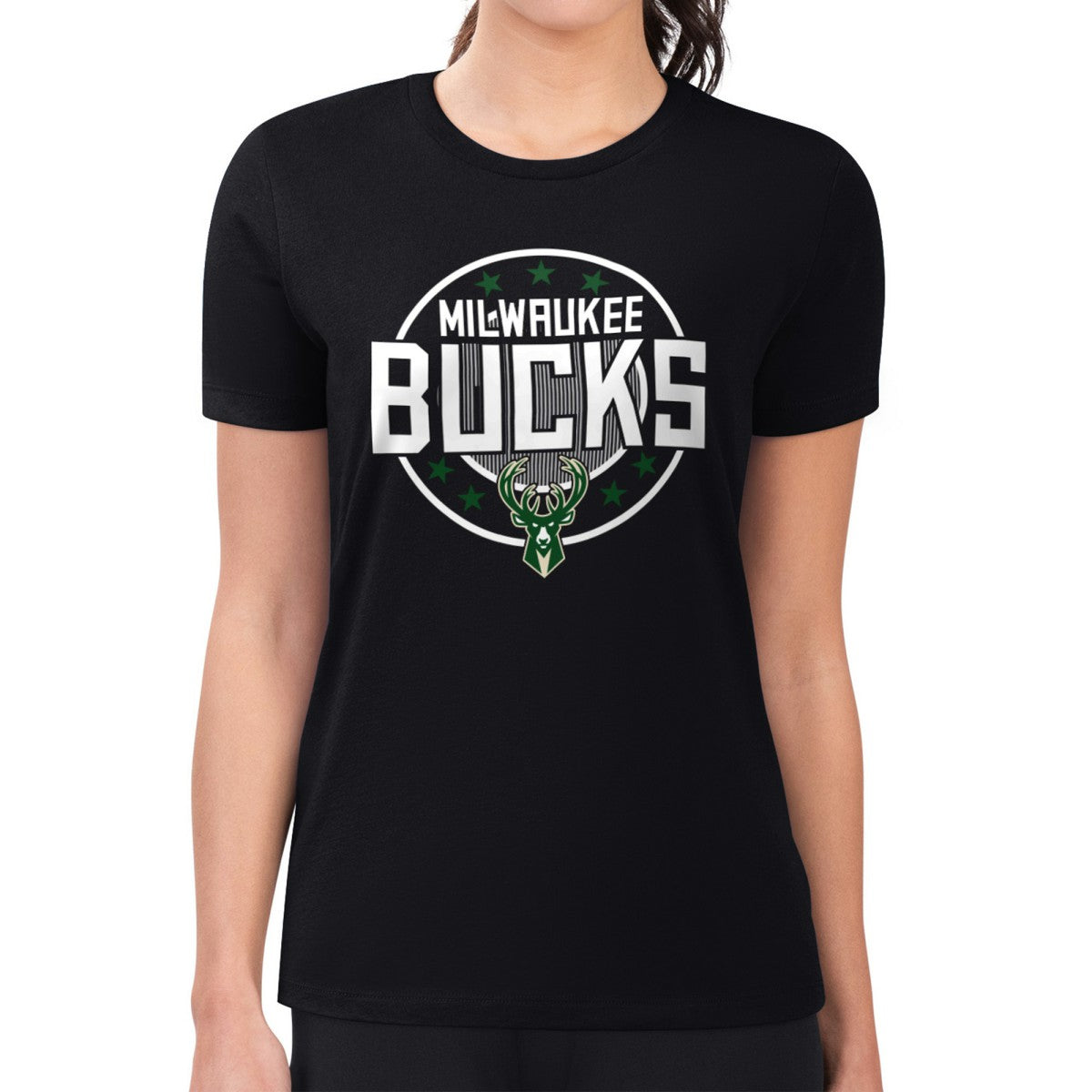 Milwaukee Bucks G-III 4Her by Carl Banks Women's Super-Slim Lightweight Pinstripe Circle Graphic T-Shirt Black - NBA