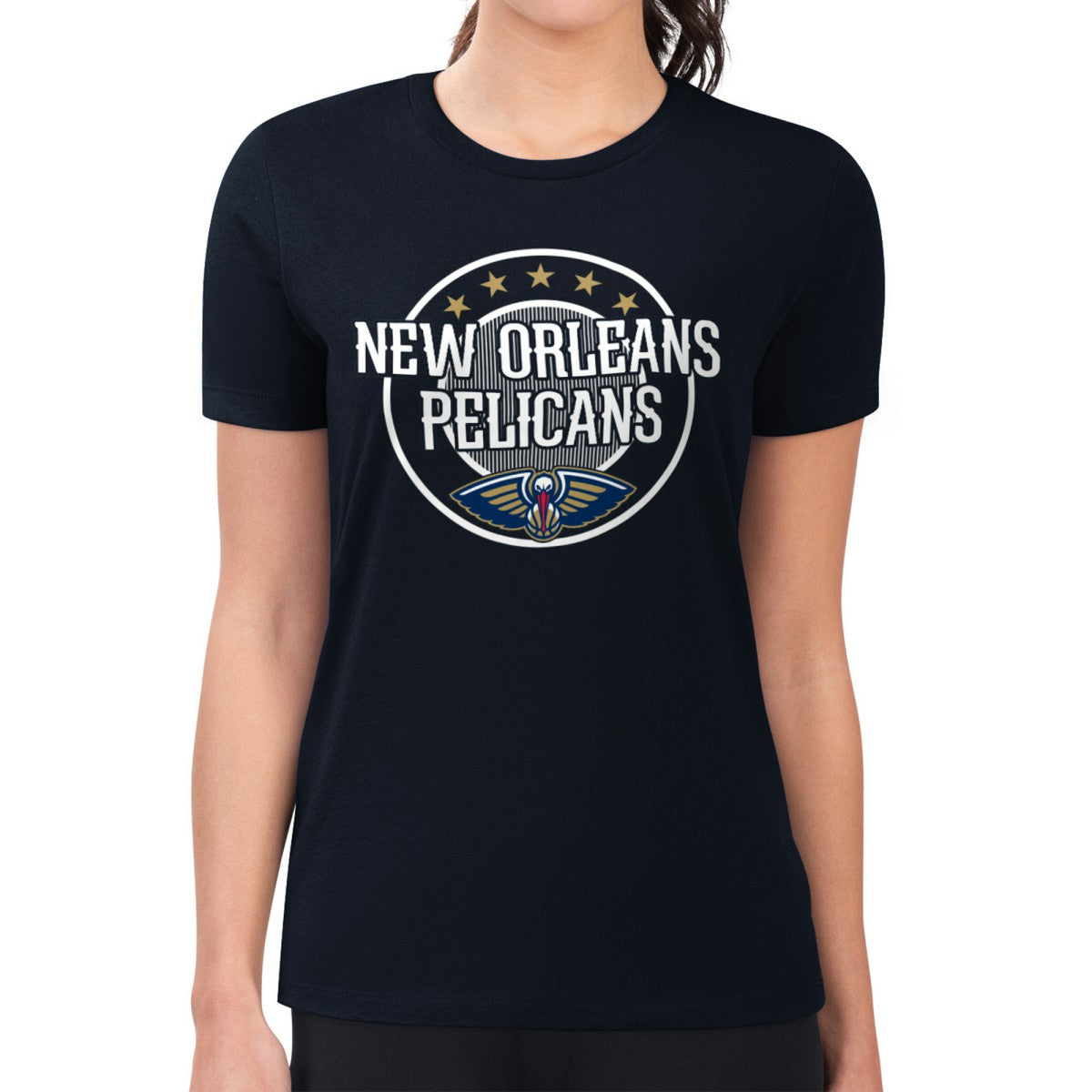 New Orleans Pelicans G-III 4Her by Carl Banks Women's Super-Slim Lightweight Pinstripe Circle Graphic T-Shirt Navy - NBA