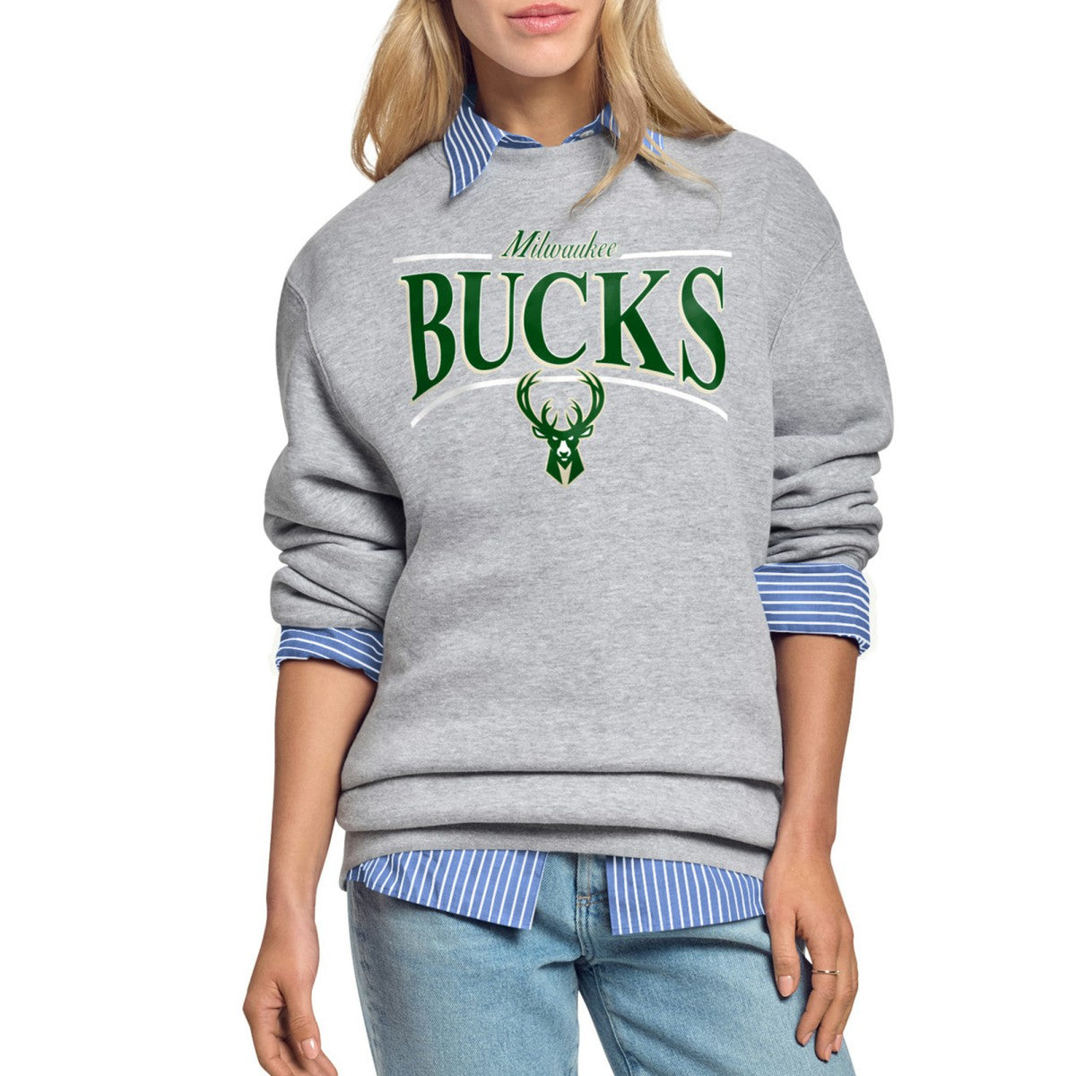 Milwaukee Bucks Starter Women's Arch Stripe Fleece Crewneck Sweatshirt Gray - NBA