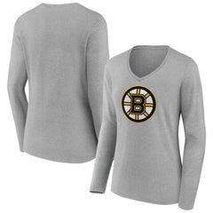 Boston Bruins Women's Primary Logo Long Sleeve V-Neck T-Shirt - Gray - NHL
