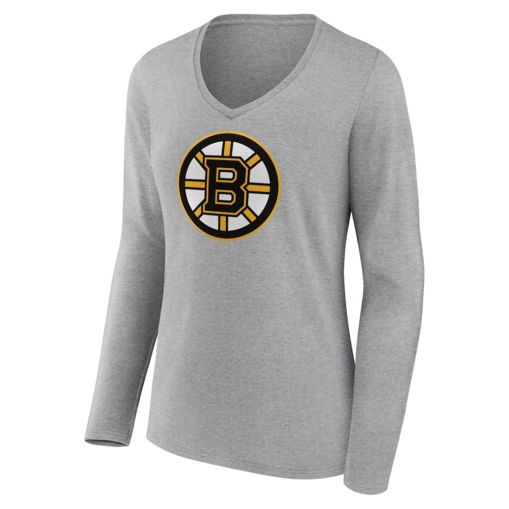 Boston Bruins Women's Primary Logo Long Sleeve V-Neck T-Shirt - Gray - NHL