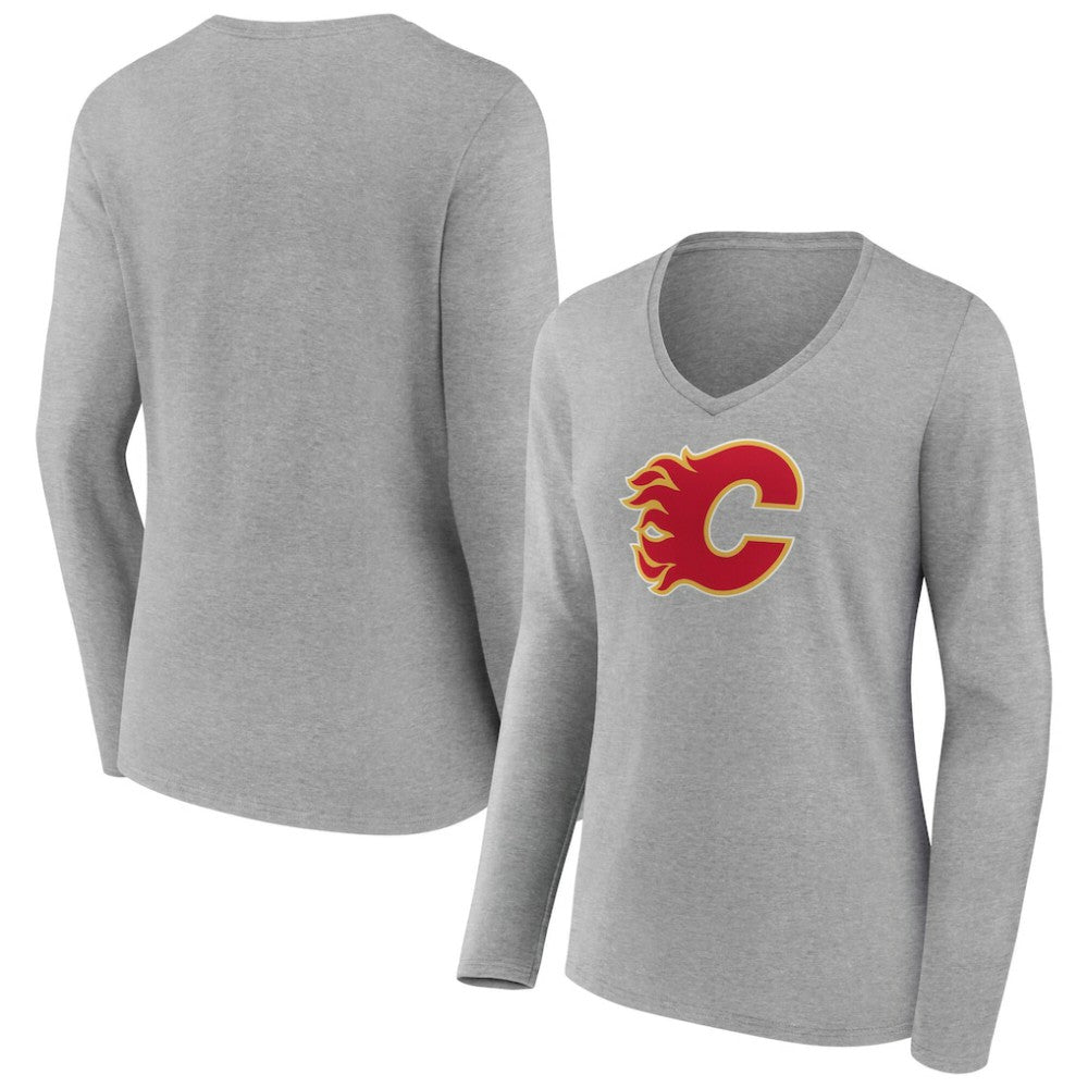 Calgary Flames Women's Primary Logo Long Sleeve V-Neck T-Shirt - Gray - NHL