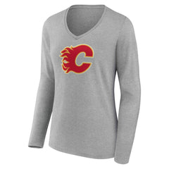 Calgary Flames Women's Primary Logo Long Sleeve V-Neck T-Shirt - Gray - NHL