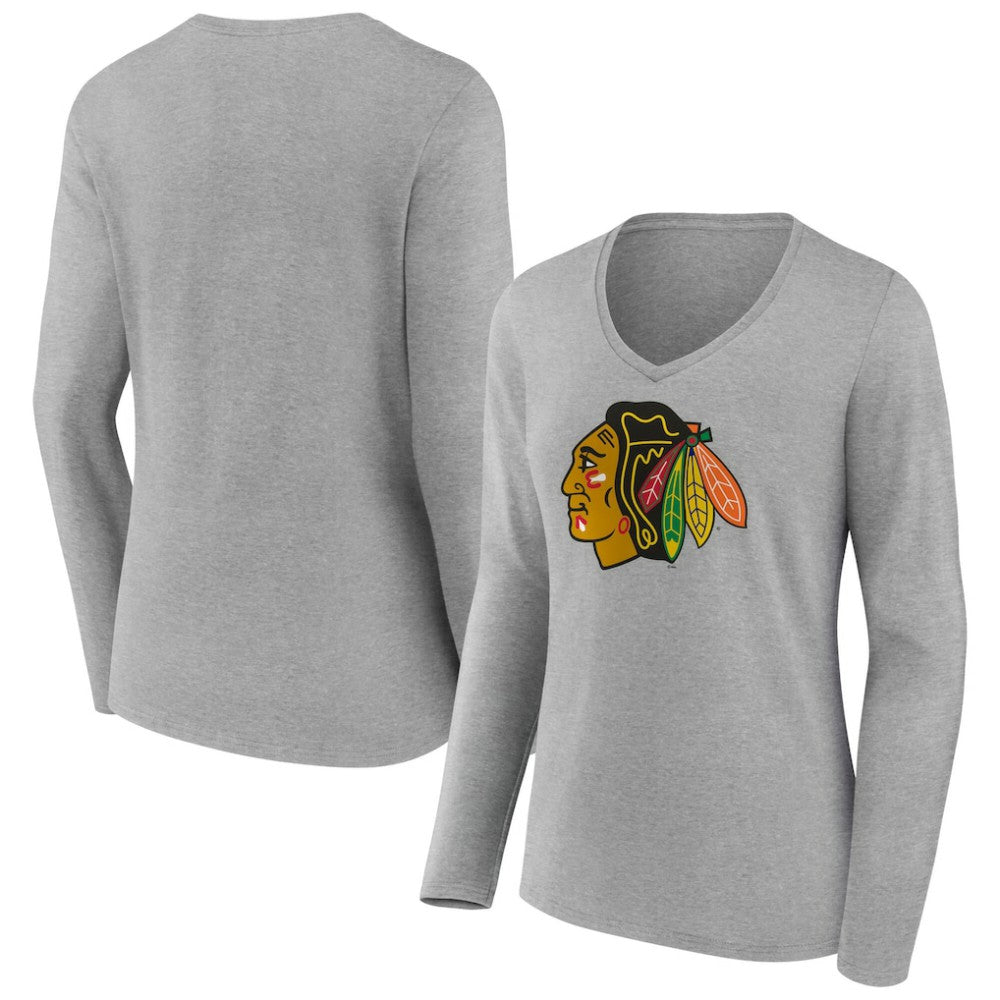 Chicago Blackhawks Women's Primary Logo Long Sleeve V-Neck T-Shirt - Gray - NHL