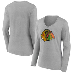 Chicago Blackhawks Women's Primary Logo Long Sleeve V-Neck T-Shirt - Gray - NHL