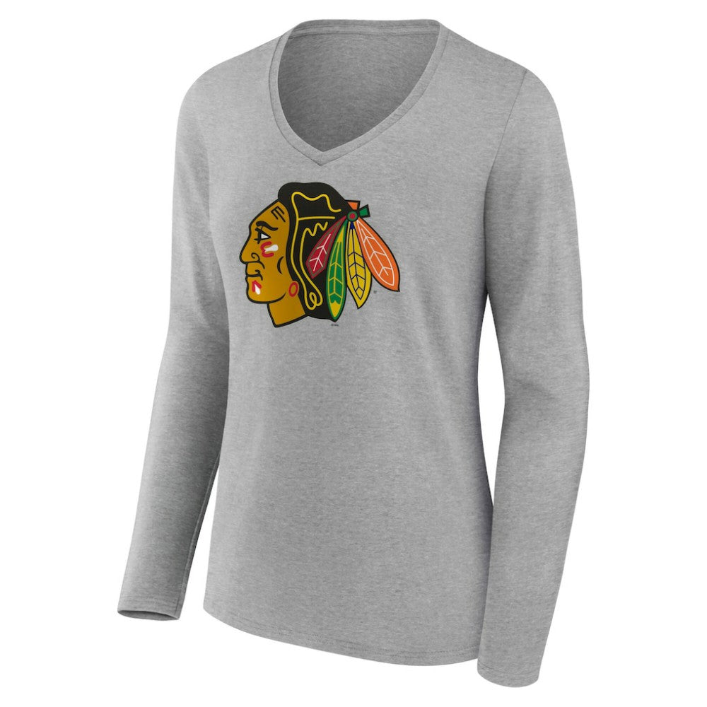 Chicago Blackhawks Women's Primary Logo Long Sleeve V-Neck T-Shirt - Gray - NHL