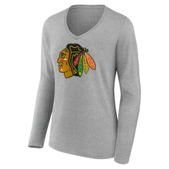 Chicago Blackhawks Women's Primary Logo Long Sleeve V-Neck T-Shirt - Gray - NHL