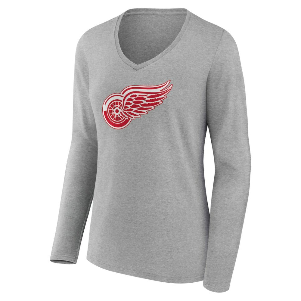 Detroit Red Wings Women's Primary Logo Long Sleeve V-Neck T-Shirt - Gray - NHL