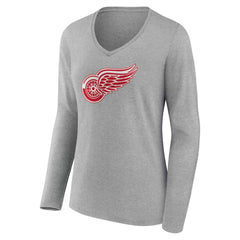 Detroit Red Wings Women's Primary Logo Long Sleeve V-Neck T-Shirt - Gray - NHL