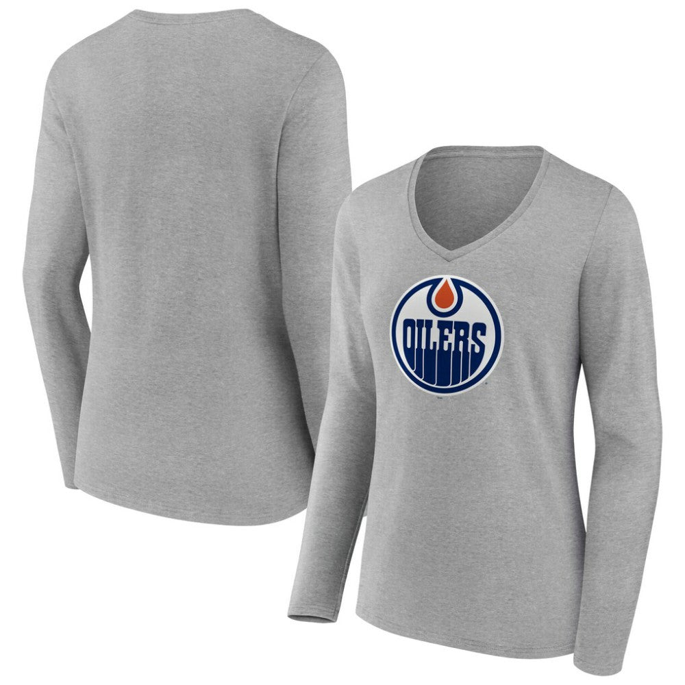 Edmonton Oilers Women's Primary Logo Long Sleeve V-Neck T-Shirt - Gray - NHL