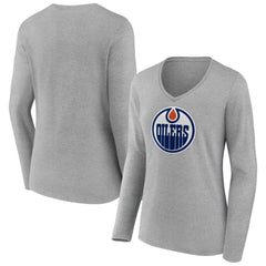 Edmonton Oilers Women's Primary Logo Long Sleeve V-Neck T-Shirt - Gray - NHL