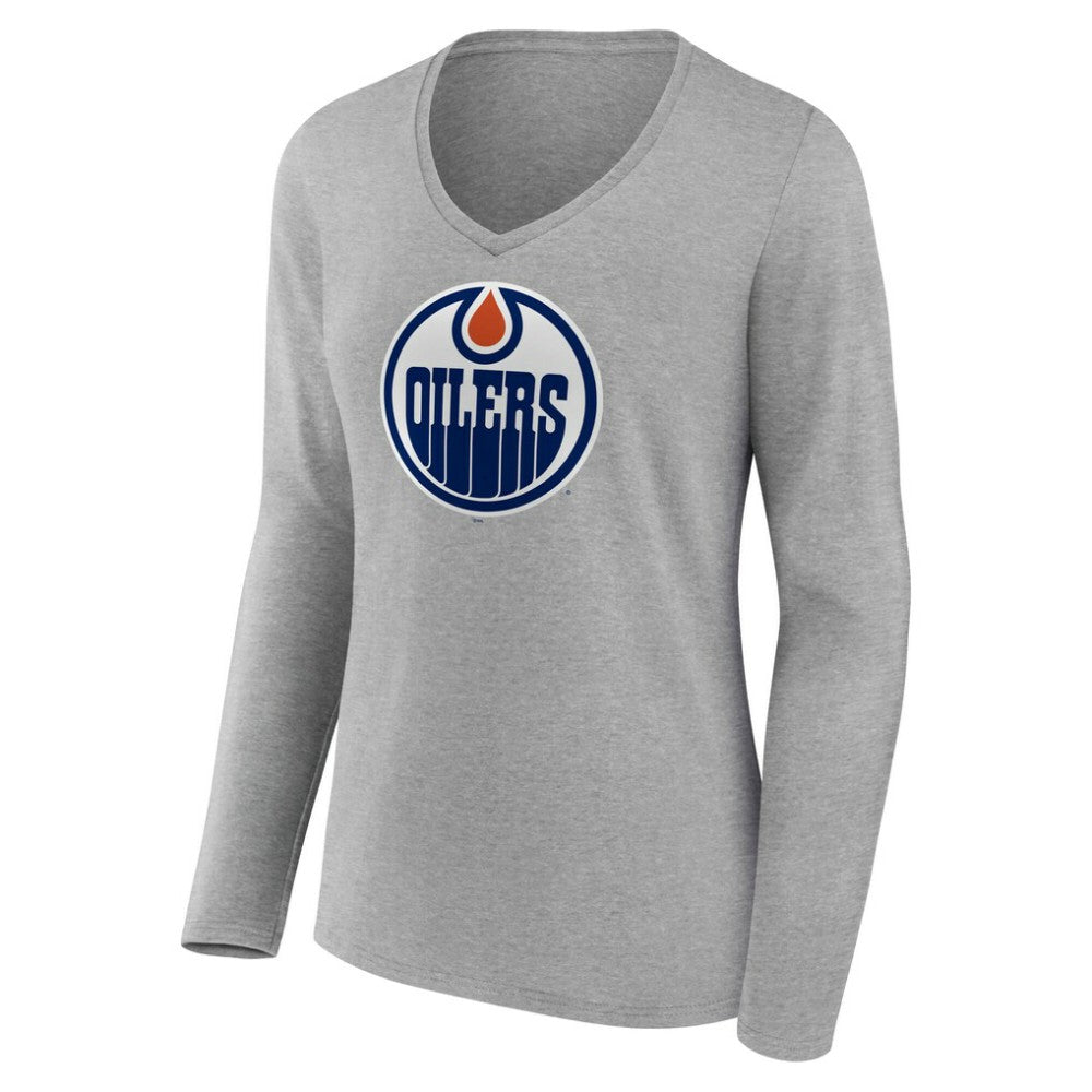 Edmonton Oilers Women's Primary Logo Long Sleeve V-Neck T-Shirt - Gray - NHL
