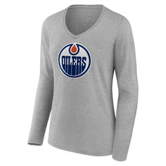 Edmonton Oilers Women's Primary Logo Long Sleeve V-Neck T-Shirt - Gray - NHL