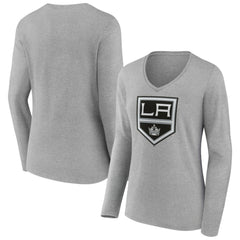 Los Angeles Kings Women's Primary Logo Long Sleeve V-Neck T-Shirt - Gray - NHL