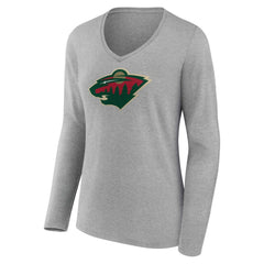 Minnesota Wild Women's Primary Logo Long Sleeve V-Neck T-Shirt - Gray - NHL