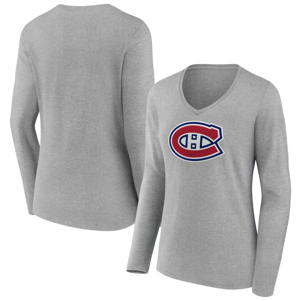 Montreal Canadiens Women's Primary Logo Long Sleeve V-Neck T-Shirt - Gray - NHL