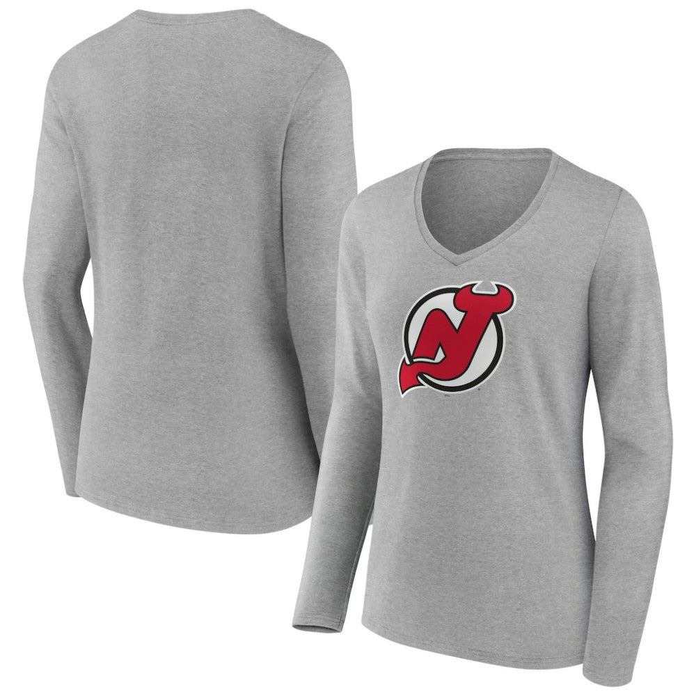 New Jersey Devils Women's Primary Logo Long Sleeve V-Neck T-Shirt - Gray - NHL