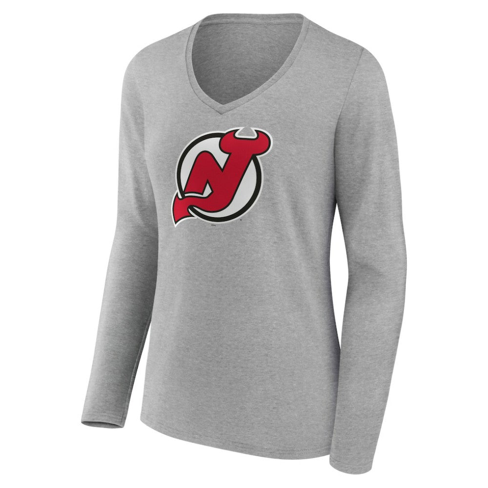 New Jersey Devils Women's Primary Logo Long Sleeve V-Neck T-Shirt - Gray - NHL